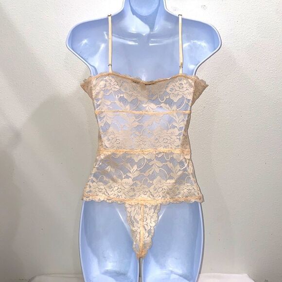 Guess Peach Lace Bodysuit Lace-Up Front Lined Top Sheer Bottom Snap Crotch M - Picture 3 of 8